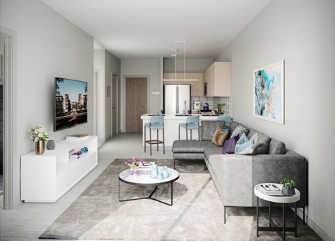 a living room with a couch and a table